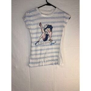 Betty Boop Hello Sailor Striped Graphic Tee Blue White Pin Up Small RN 71868